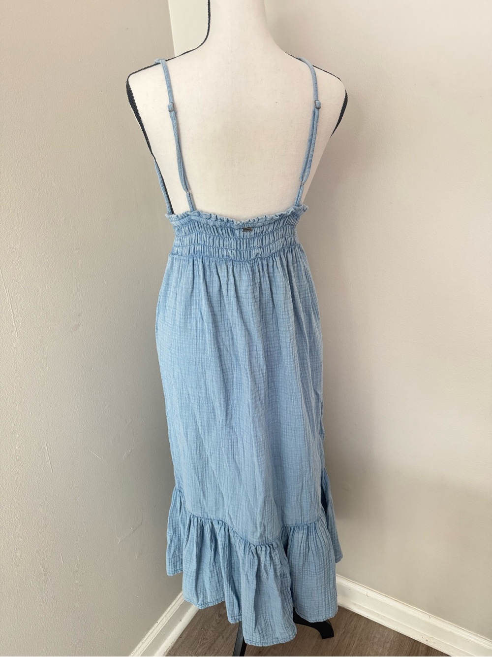 O'Neill Blue Cotton Gauze Midi Dress Size Small | Deep V Boho Beachy Sundress - Picture 7 of 10
